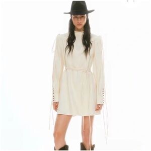 NWT, Lorena Saravia, Cream Long-Sleeve Dress with Waist Tie